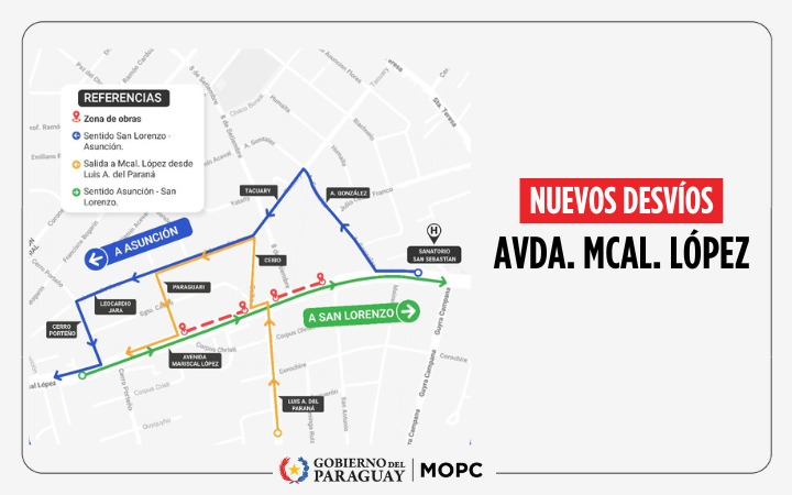 MOPC implementa nuevos desvíos por obras sobre Mariscal López